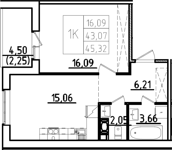 1-комнатная квартира 47.57 м², 3/9 эт., ЖК «IQ Гатчина 3»